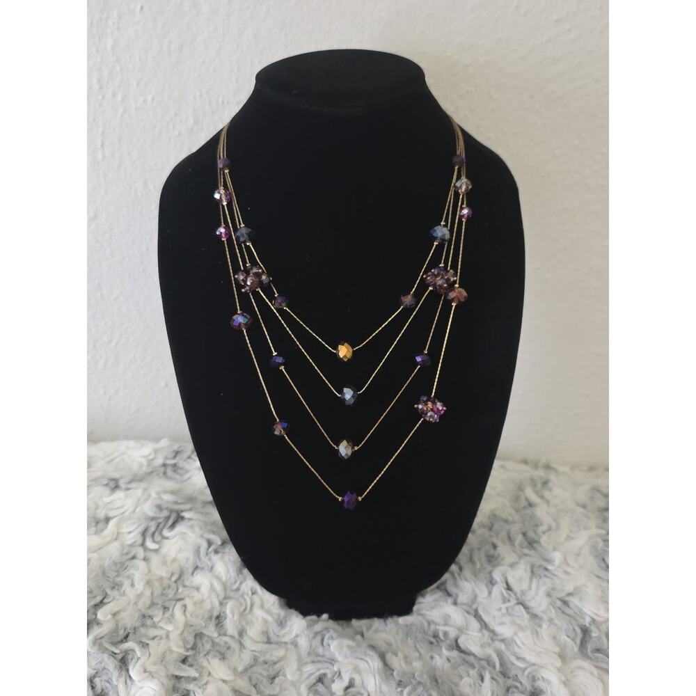 Ali Khan New York Signed Necklace Long Layered Purple Glass Crystals Gold Tone